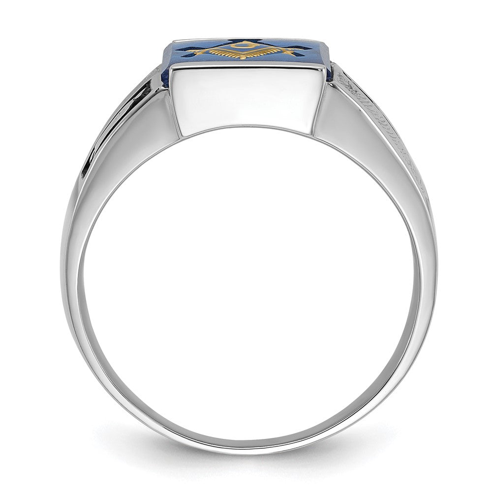 14K Weißgold Herren-Siegelring, poliert und texturiert, mit schwarzer Emaille und imitiertem blauem Spinell