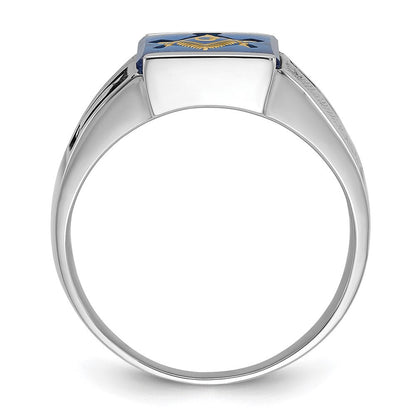 14K Weißgold Herren-Siegelring, poliert und texturiert, mit schwarzer Emaille und imitiertem blauem Spinell