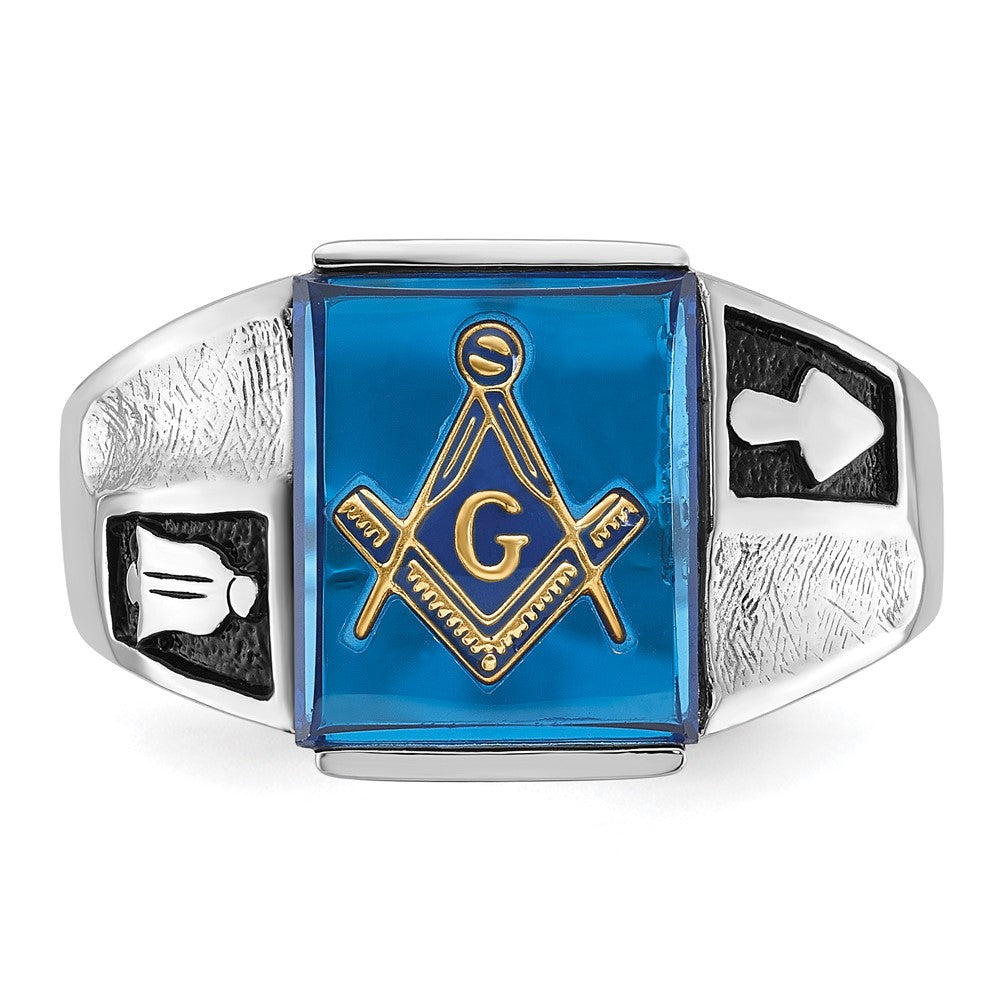 14K Weißgold Herren-Siegelring, poliert und texturiert, mit schwarzer Emaille und imitiertem blauem Spinell