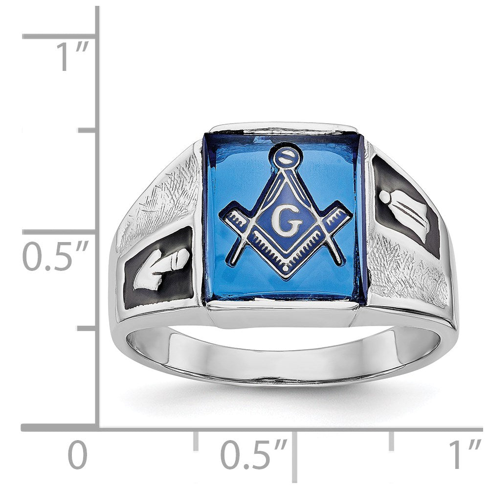 14K Weißgold Herren-Siegelring, poliert und texturiert, mit schwarzer Emaille und imitiertem blauem Spinell