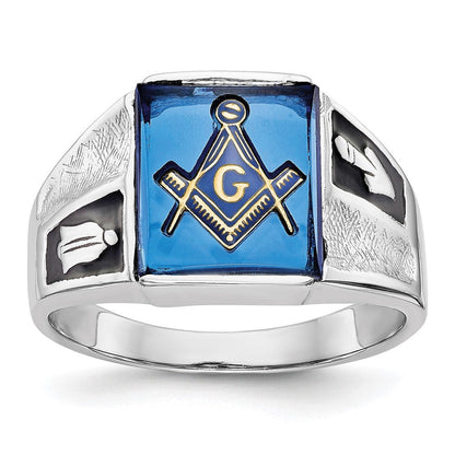 14K Weißgold Herren-Siegelring, poliert und texturiert, mit schwarzer Emaille und imitiertem blauem Spinell