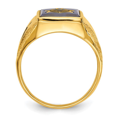 14K Gelbgold Herren-Freimaurerring, poliert, antik gefinisht und texturiert, mit blauem Spinell-Imitat