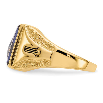 14K Gelbgold Herren-Freimaurerring, poliert, antik gefinisht und texturiert, mit blauem Spinell-Imitat