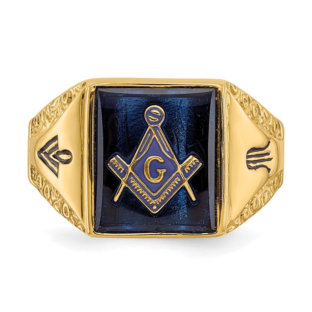 14K Gelbgold Herren-Freimaurerring, poliert, antik gefinisht und texturiert, mit blauem Spinell-Imitat