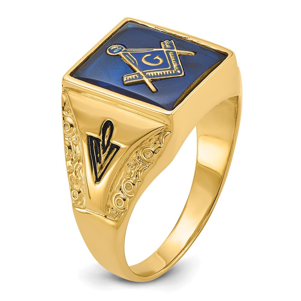 14K Gelbgold Herren-Freimaurerring, poliert, antik gefinisht und texturiert, mit blauem Spinell-Imitat