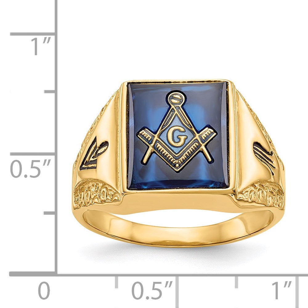 14K Gelbgold Herren-Freimaurerring, poliert, antik gefinisht und texturiert, mit blauem Spinell-Imitat