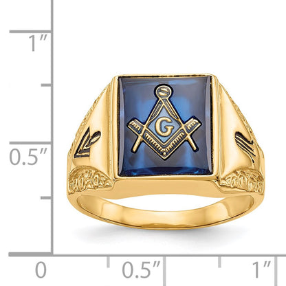 14K Gelbgold Herren-Freimaurerring, poliert, antik gefinisht und texturiert, mit blauem Spinell-Imitat