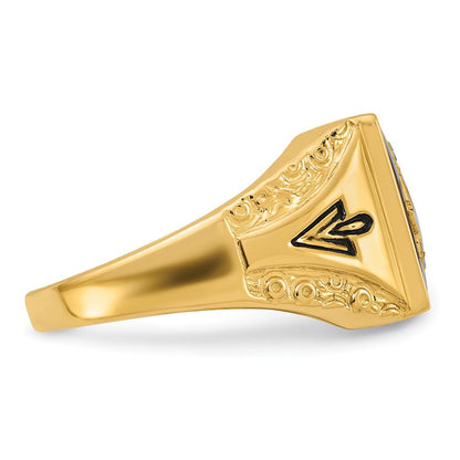 14K Gelbgold Herren-Freimaurerring, poliert, antik gefinisht und texturiert, mit blauem Spinell-Imitat