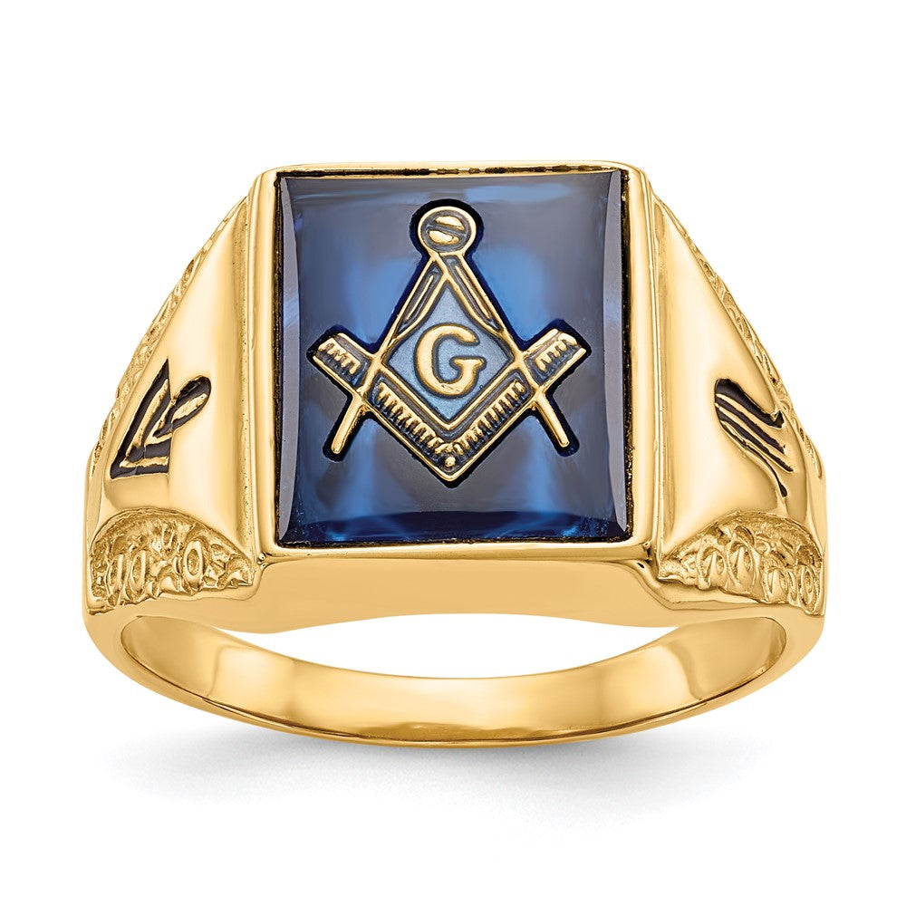 14K Gelbgold Herren-Freimaurerring, poliert, antik gefinisht und texturiert, mit blauem Spinell-Imitat