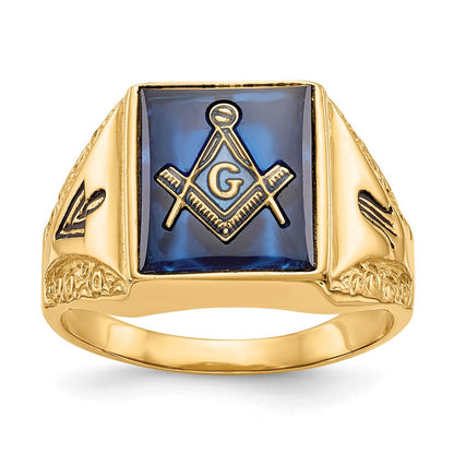 14K Gelbgold Herren-Freimaurerring, poliert, antik gefinisht und texturiert, mit blauem Spinell-Imitat