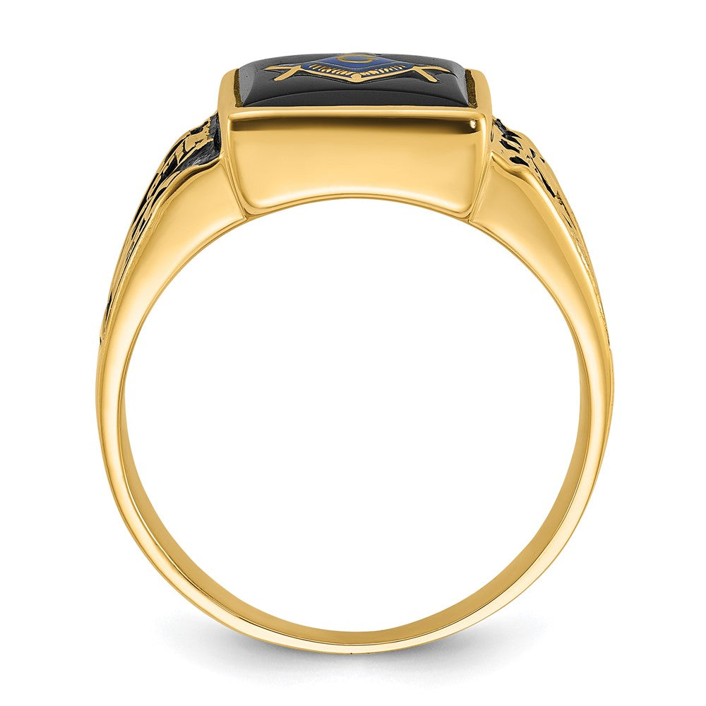 14K Gelbgold Herren-Siegelring, poliert und texturiert, mit schwarzer Emaille und Onyx, Freimaurer-Design