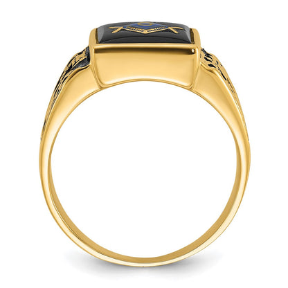 14K Gelbgold Herren-Siegelring, poliert und texturiert, mit schwarzer Emaille und Onyx, Freimaurer-Design