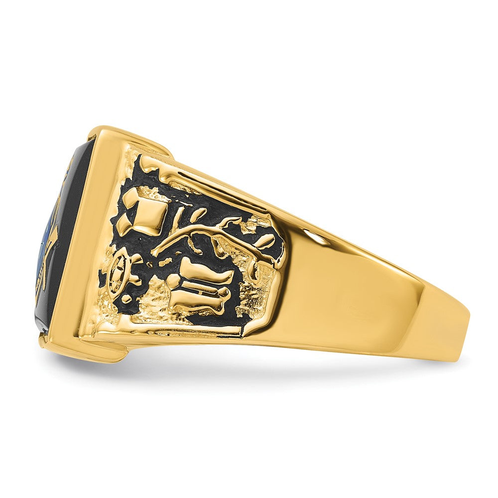 14K Gelbgold Herren-Siegelring, poliert und texturiert, mit schwarzer Emaille und Onyx, Freimaurer-Design