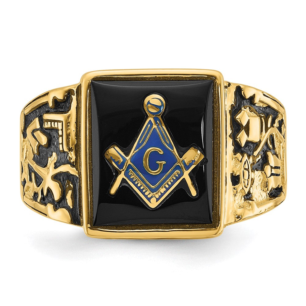 14K Gelbgold Herren-Siegelring, poliert und texturiert, mit schwarzer Emaille und Onyx, Freimaurer-Design