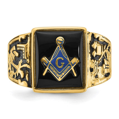 14K Gelbgold Herren-Siegelring, poliert und texturiert, mit schwarzer Emaille und Onyx, Freimaurer-Design