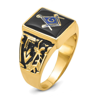 14K Gelbgold Herren-Siegelring, poliert und texturiert, mit schwarzer Emaille und Onyx, Freimaurer-Design