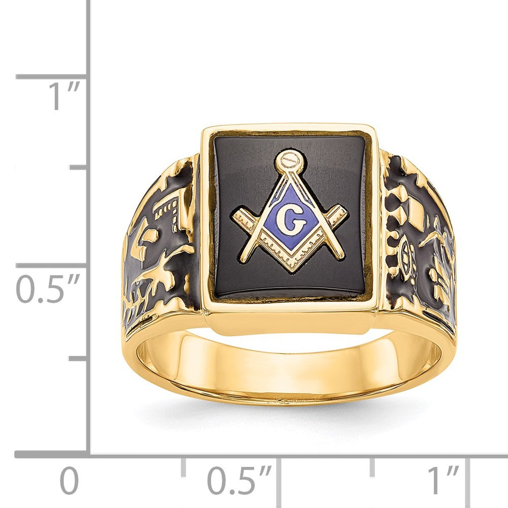 14K Gelbgold Herren-Siegelring, poliert und texturiert, mit schwarzer Emaille und Onyx, Freimaurer-Design