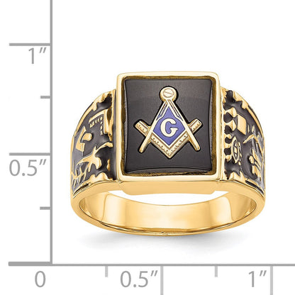 14K Gelbgold Herren-Siegelring, poliert und texturiert, mit schwarzer Emaille und Onyx, Freimaurer-Design