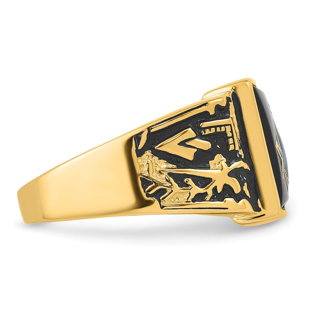 14K Gelbgold Herren-Siegelring, poliert und texturiert, mit schwarzer Emaille und Onyx, Freimaurer-Design