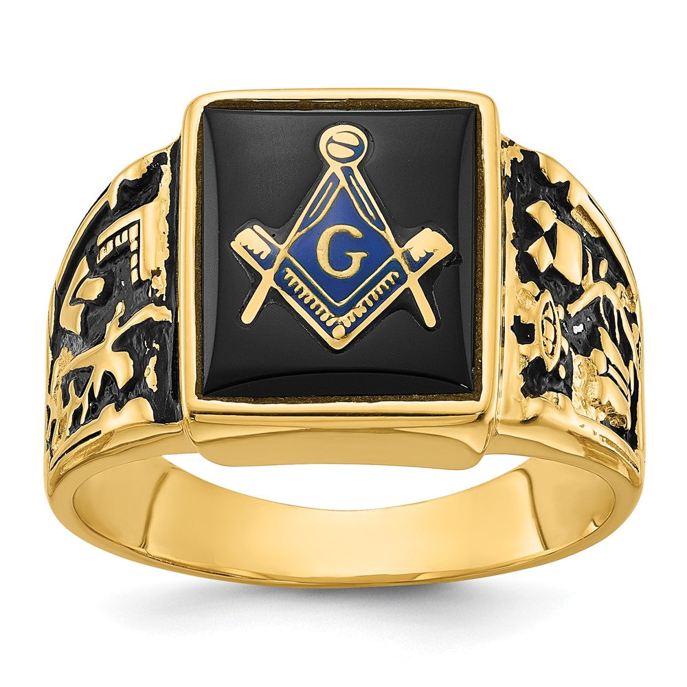 14K Gelbgold Herren-Siegelring, poliert und texturiert, mit schwarzer Emaille und Onyx, Freimaurer-Design