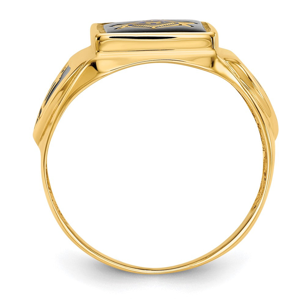 14K Gelbgold Herren Freimaurer-Ring mit Onyx, poliert, antik und strukturiert