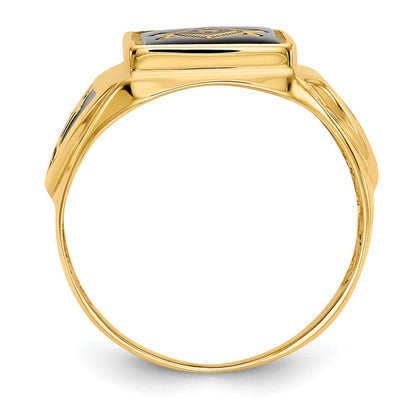 14K Gelbgold Herren Freimaurer-Ring mit Onyx, poliert, antik und strukturiert