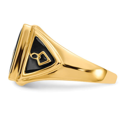 14K Gelbgold Herren Freimaurer-Ring mit Onyx, poliert, antik und strukturiert