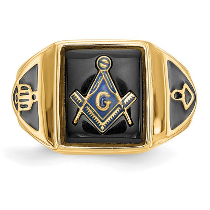 14K Gelbgold Herren Freimaurer-Ring mit Onyx, poliert, antik und strukturiert