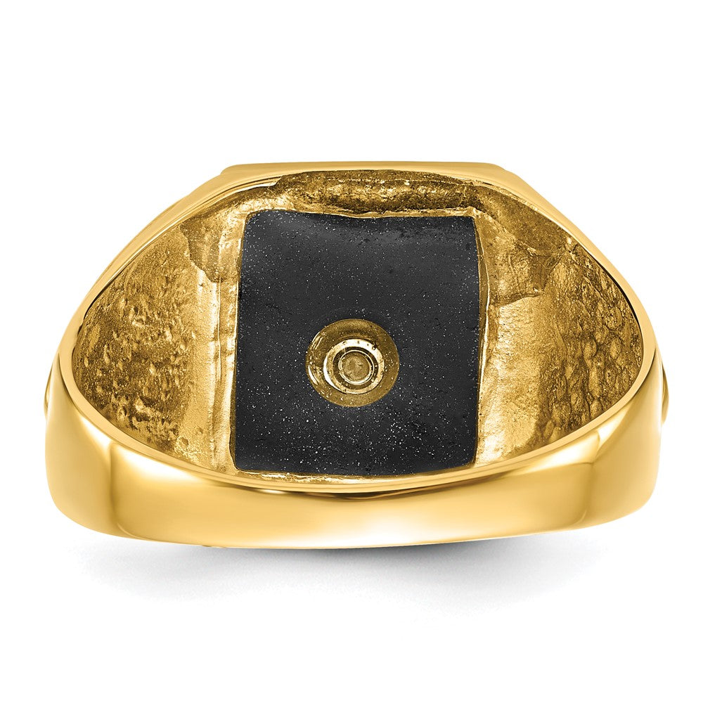 14K Gelbgold Herren Freimaurer-Ring mit Onyx, poliert, antik und strukturiert