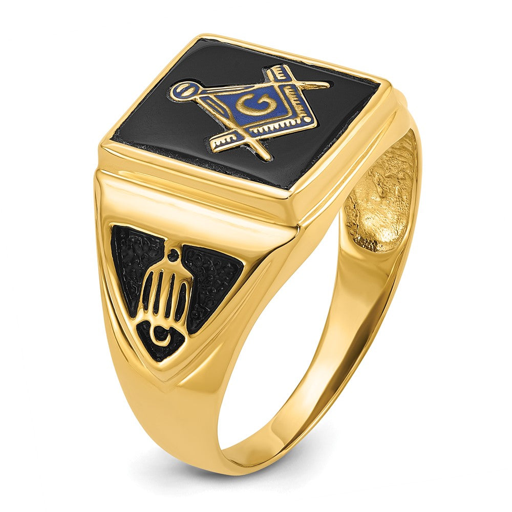 14K Gelbgold Herren Freimaurer-Ring mit Onyx, poliert, antik und strukturiert