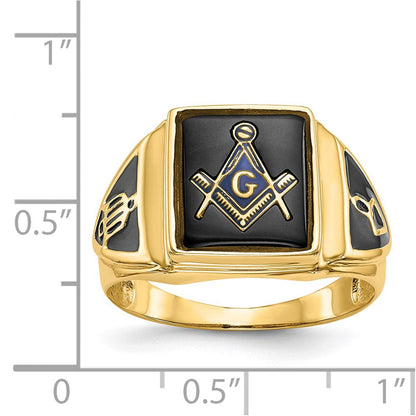 14K Gelbgold Herren Freimaurer-Ring mit Onyx, poliert, antik und strukturiert