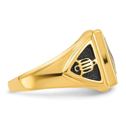 14K Gelbgold Herren Freimaurer-Ring mit Onyx, poliert, antik und strukturiert