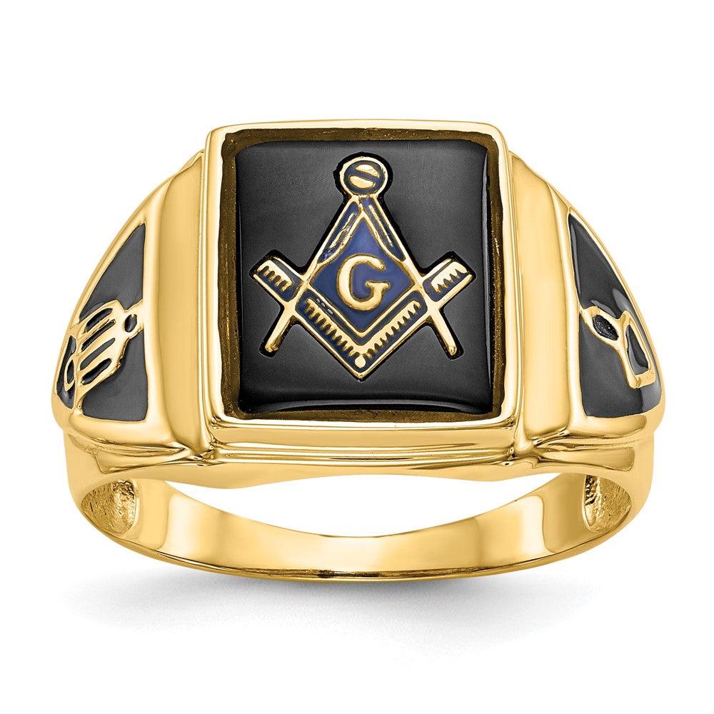 14K Gelbgold Herren Freimaurer-Ring mit Onyx, poliert, antik und strukturiert