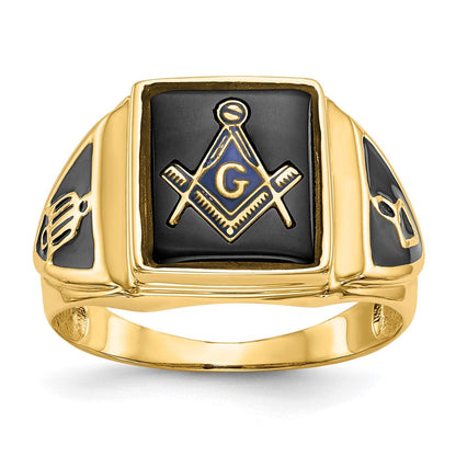 14K Gelbgold Herren Freimaurer-Ring mit Onyx, poliert, antik und strukturiert