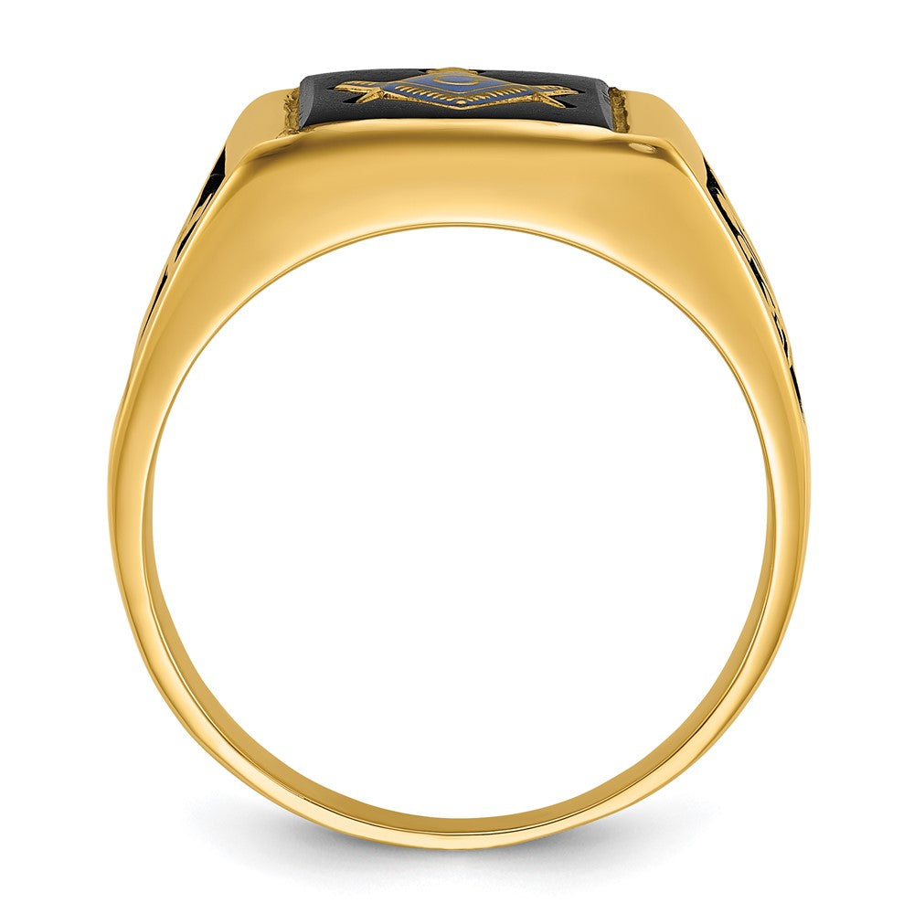 14K Gelbgold Herrenring, poliert und texturiert, mit schwarzer Emaille und Onyx, Freimaurerring