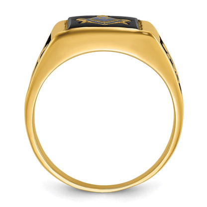 14K Gelbgold Herrenring, poliert und texturiert, mit schwarzer Emaille und Onyx, Freimaurerring