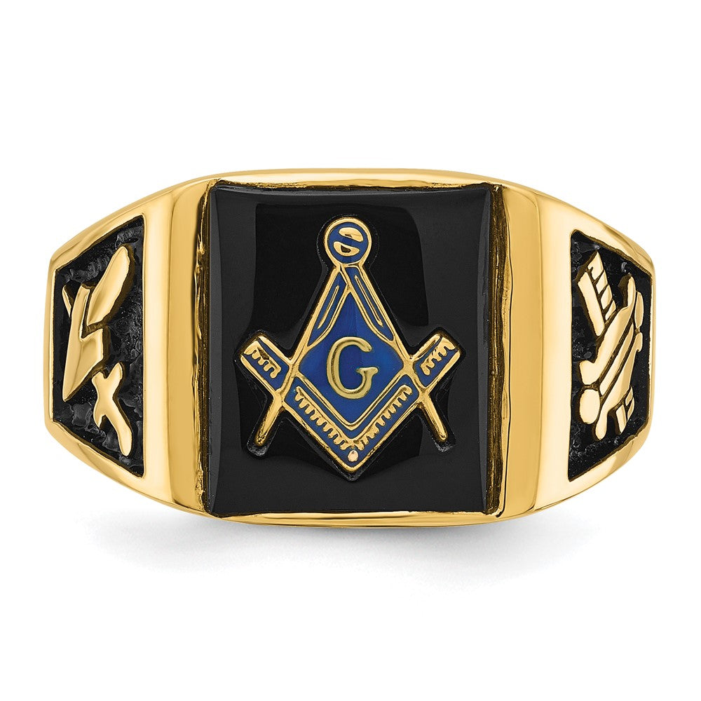 14K Gelbgold Herrenring, poliert und texturiert, mit schwarzer Emaille und Onyx, Freimaurerring