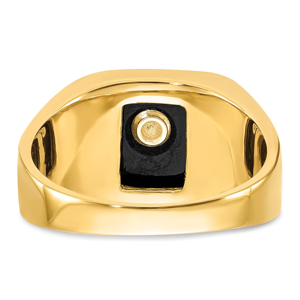 14K Gelbgold Herrenring, poliert und texturiert, mit schwarzer Emaille und Onyx, Freimaurerring