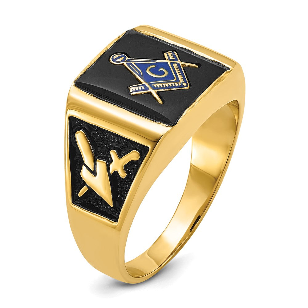14K Gelbgold Herrenring, poliert und texturiert, mit schwarzer Emaille und Onyx, Freimaurerring