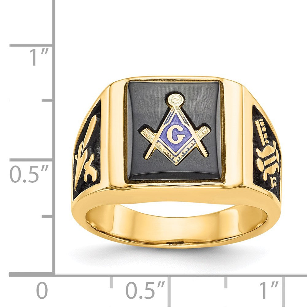 14K Gelbgold Herrenring, poliert und texturiert, mit schwarzer Emaille und Onyx, Freimaurerring