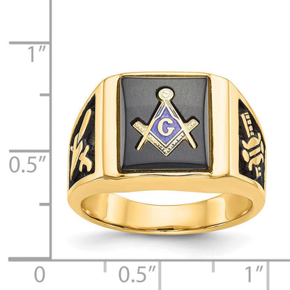 14K Gelbgold Herrenring, poliert und texturiert, mit schwarzer Emaille und Onyx, Freimaurerring