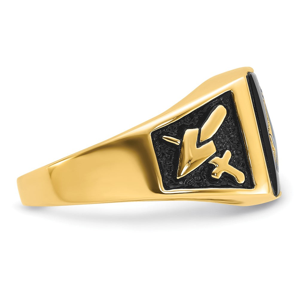 14K Gelbgold Herrenring, poliert und texturiert, mit schwarzer Emaille und Onyx, Freimaurerring