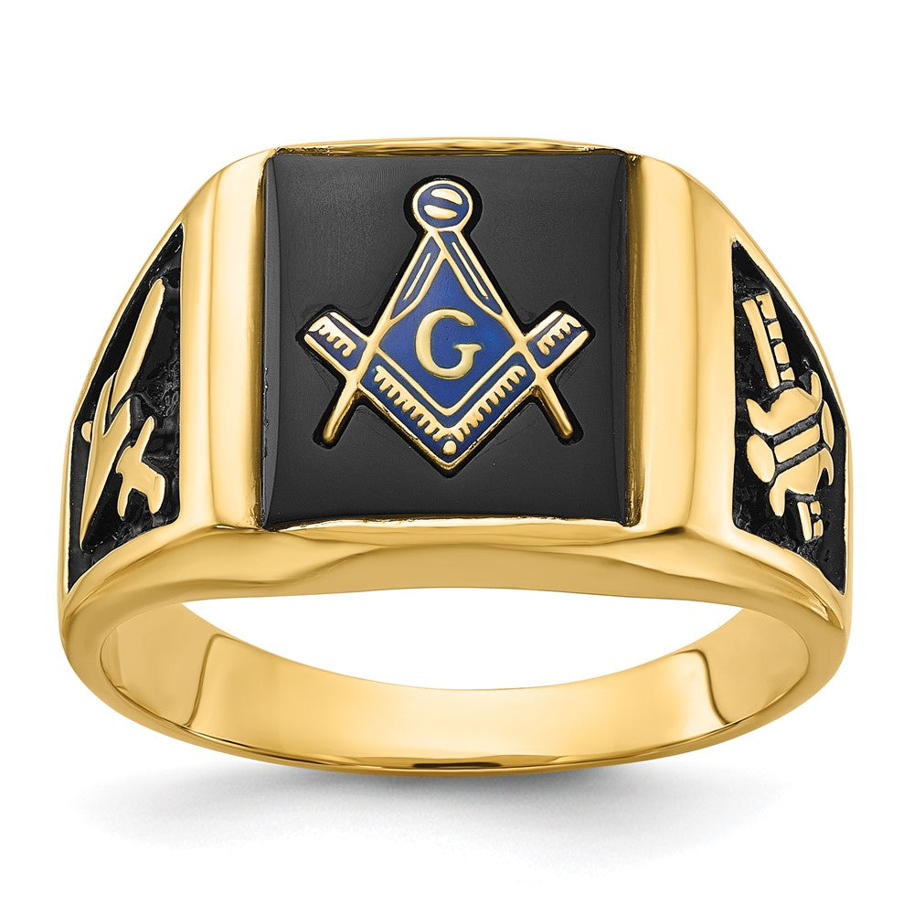 14K Gelbgold Herrenring, poliert und texturiert, mit schwarzer Emaille und Onyx, Freimaurerring