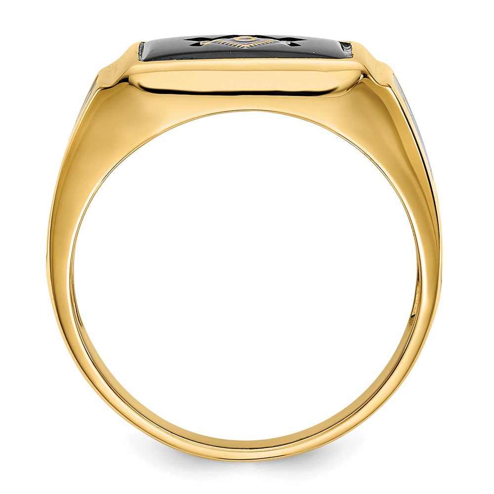 14K Gelbgold Herren Freimaurer-Ring, poliert und texturiert, mit schwarzem Emaille und Onyx