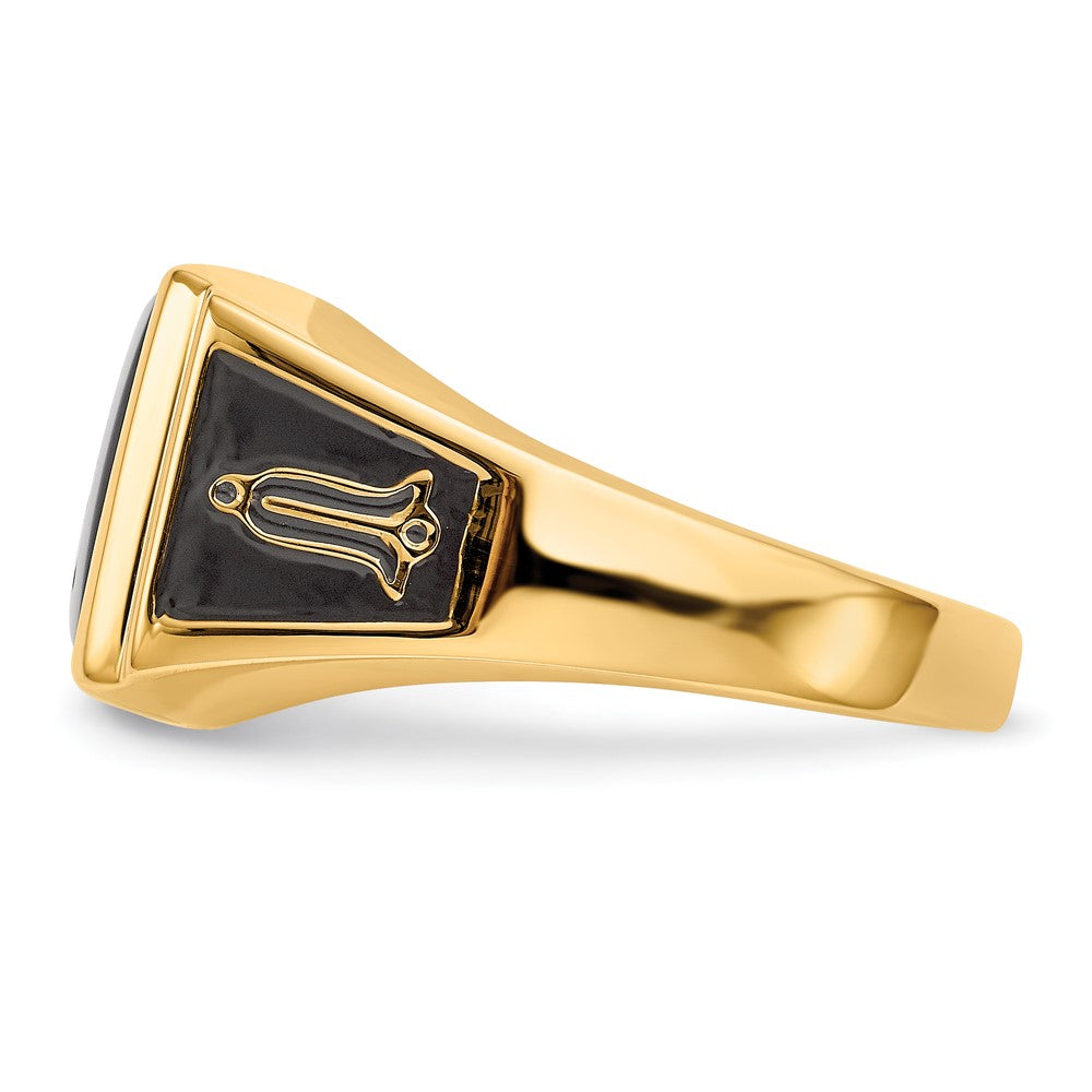 14K Gelbgold Herren Freimaurer-Ring, poliert und texturiert, mit schwarzem Emaille und Onyx