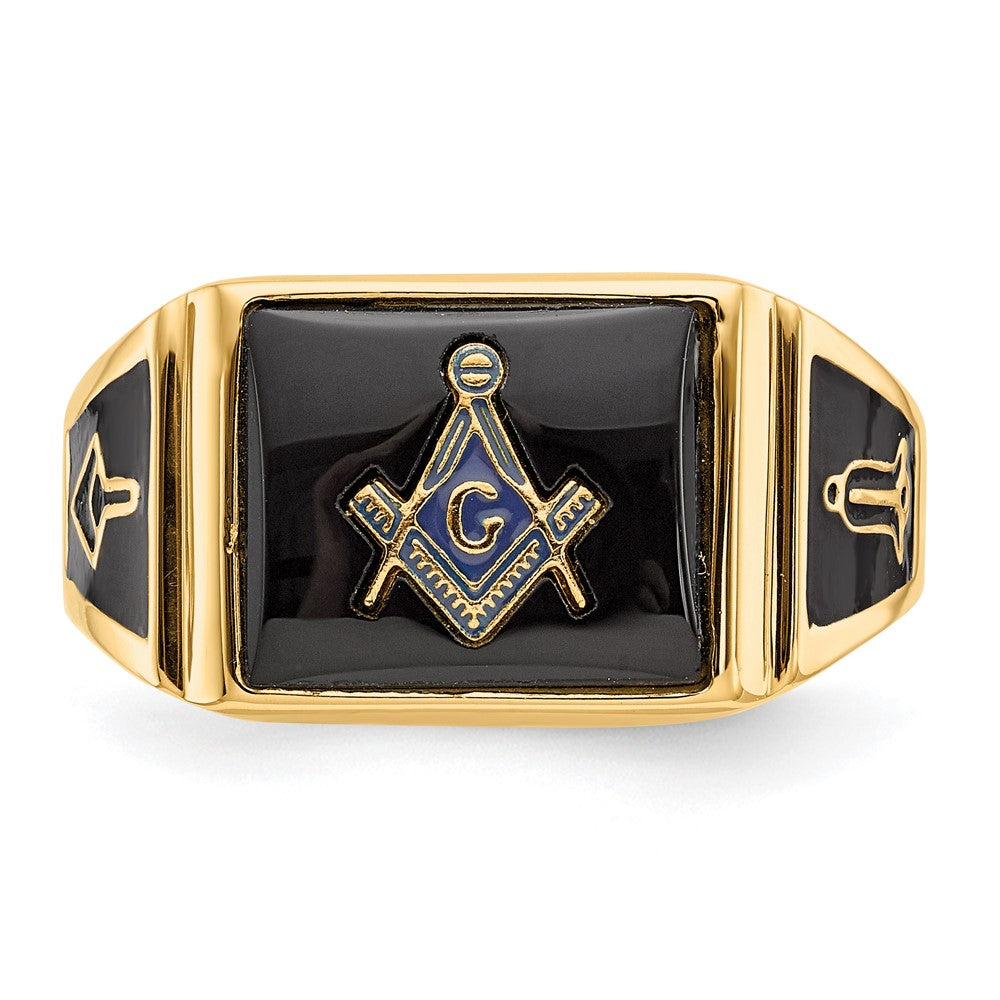 14K Gelbgold Herren Freimaurer-Ring, poliert und texturiert, mit schwarzem Emaille und Onyx