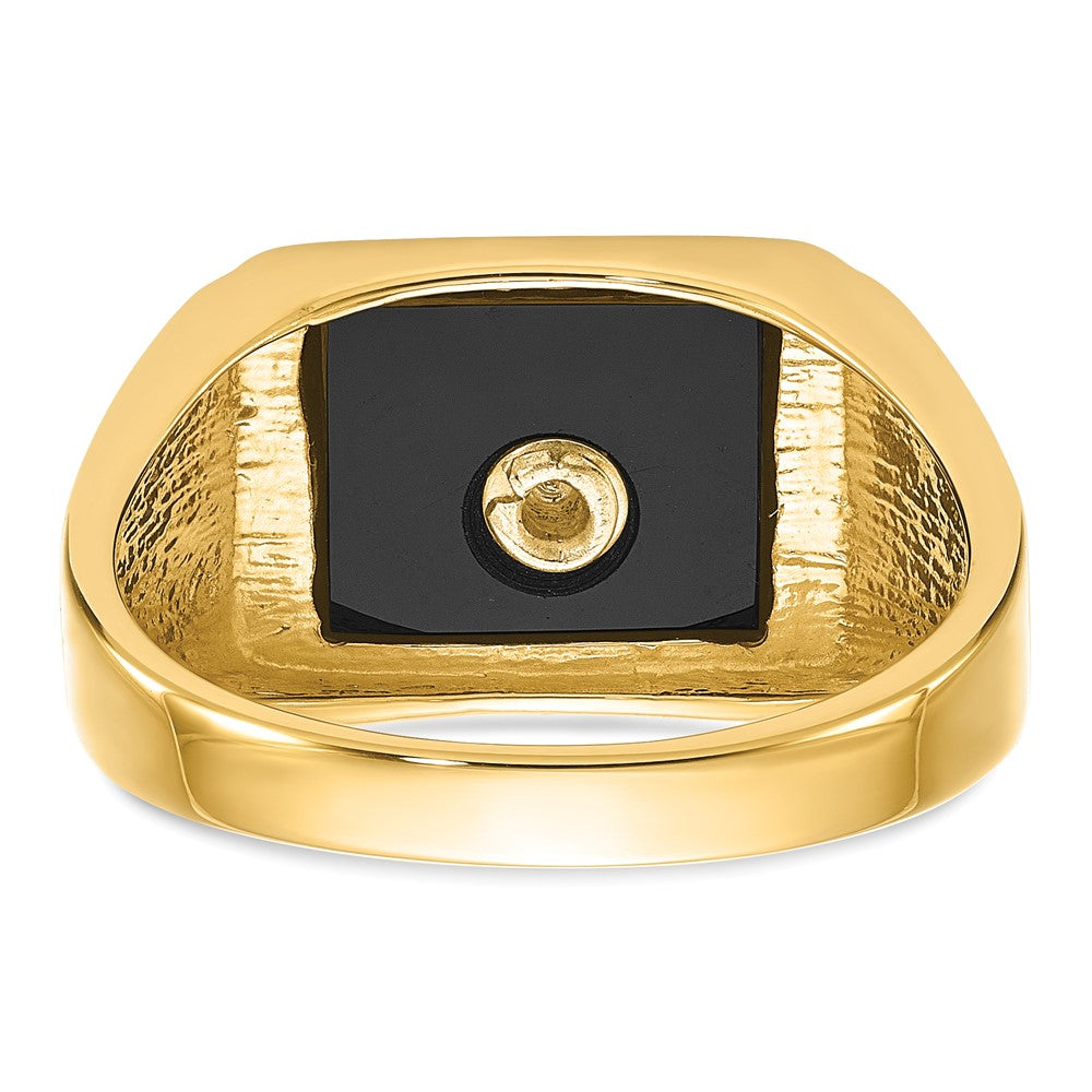 14K Gelbgold Herren Freimaurer-Ring, poliert und texturiert, mit schwarzem Emaille und Onyx