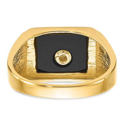 14K Gelbgold Herren Freimaurer-Ring, poliert und texturiert, mit schwarzem Emaille und Onyx