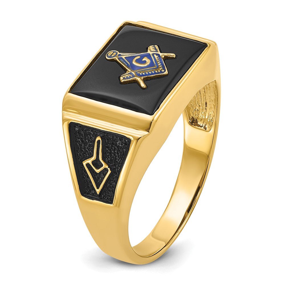 14K Gelbgold Herren Freimaurer-Ring, poliert und texturiert, mit schwarzem Emaille und Onyx