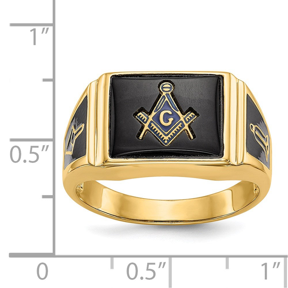 14K Gelbgold Herren Freimaurer-Ring, poliert und texturiert, mit schwarzem Emaille und Onyx